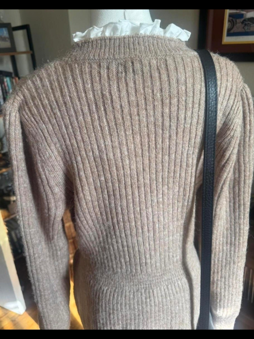 Anthropologie Ribbed Peplum Sweater With Lace Detail in Light Taupe Size L - Picture 3 of 4